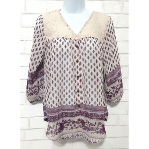 Society Girl Women's Shirt Size S Sheer Boho Balloon Sleeve Blouse Button Down